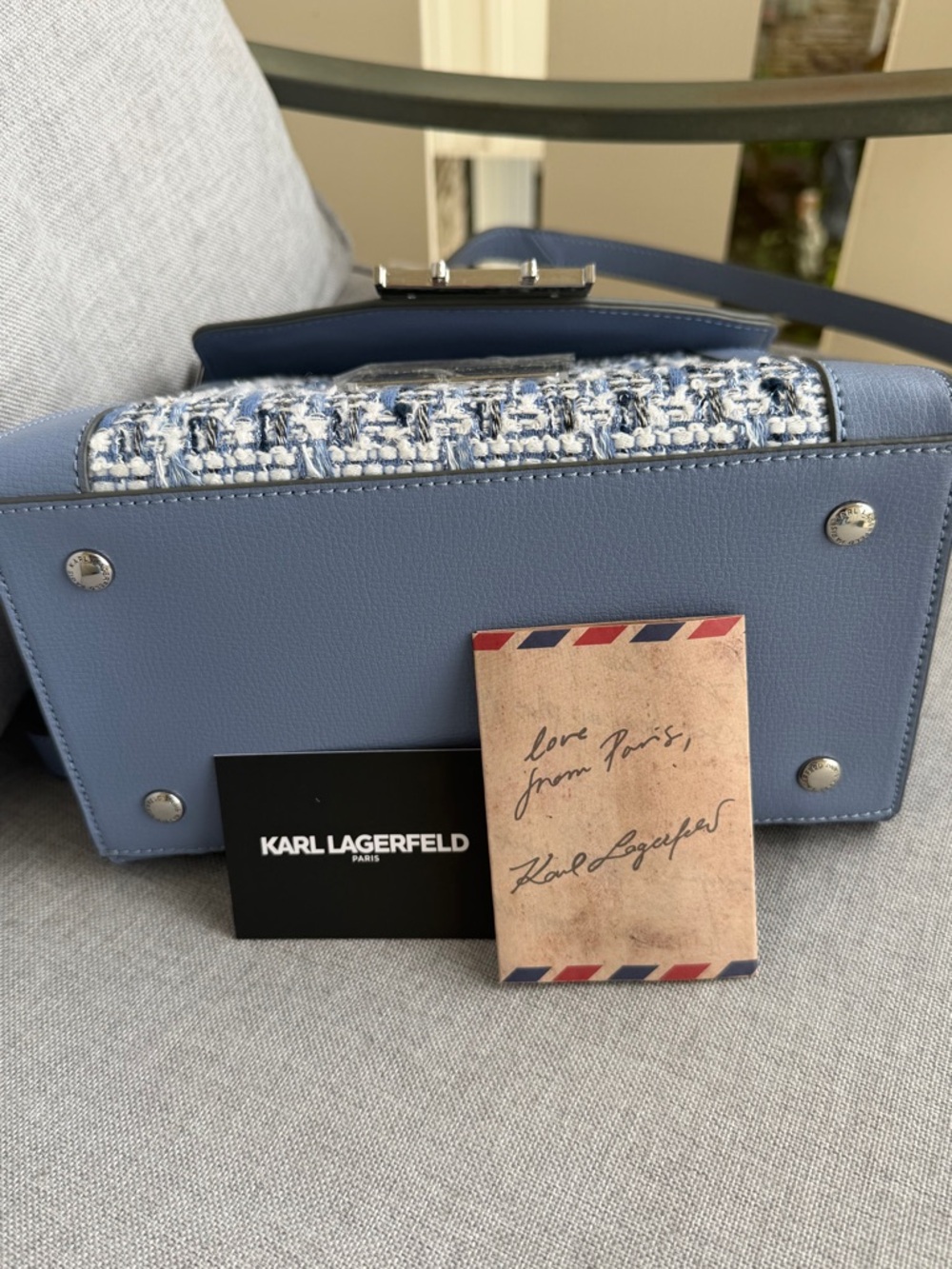 Karl Lagerfeld Light Blue Tweed Top-Handle Mini Bag. MSRP $248.00 - Picture 11 of 13